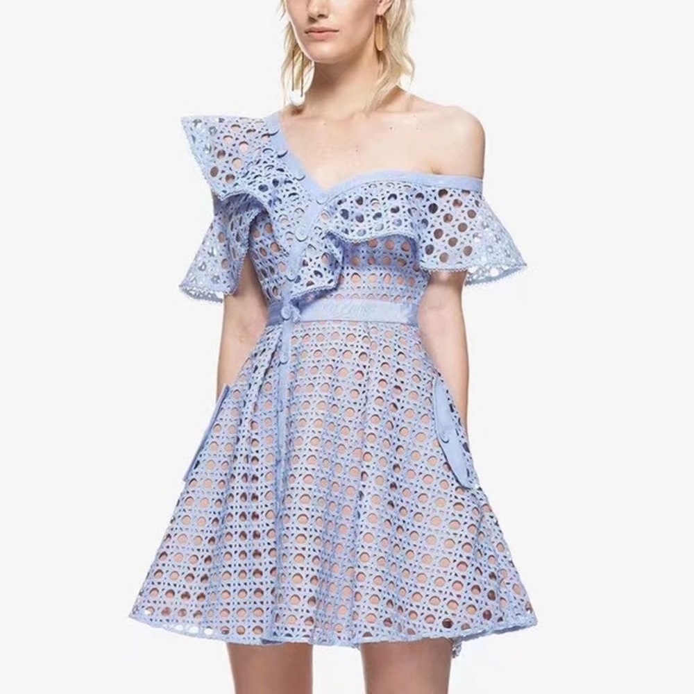 NWT Self portrait Lace Frill Asymmetric Blue dress